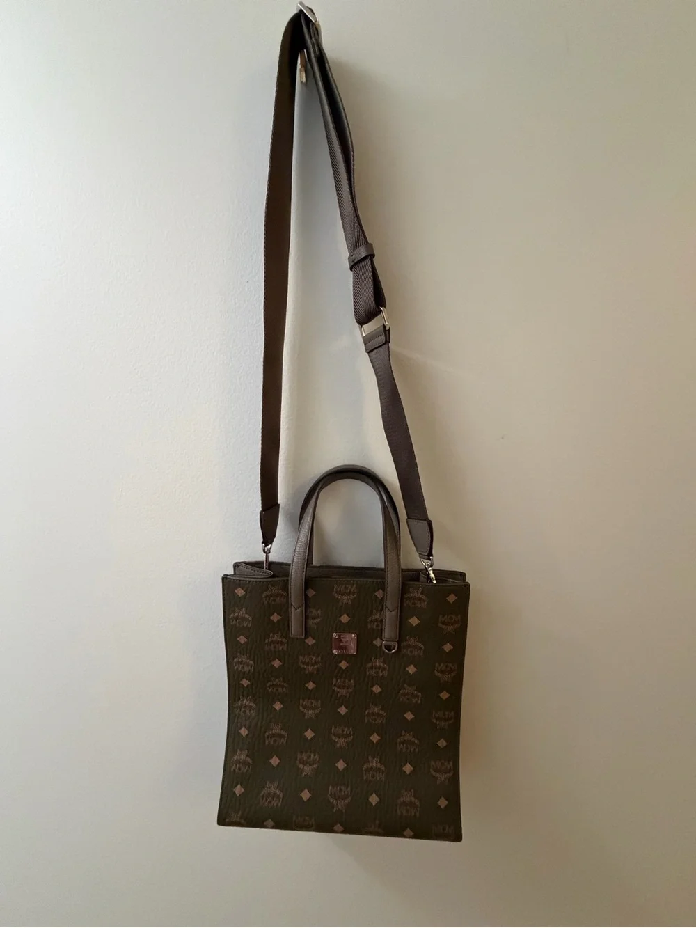 MCM Olive Brown Logo Messenger Tote with Adjustable Strap